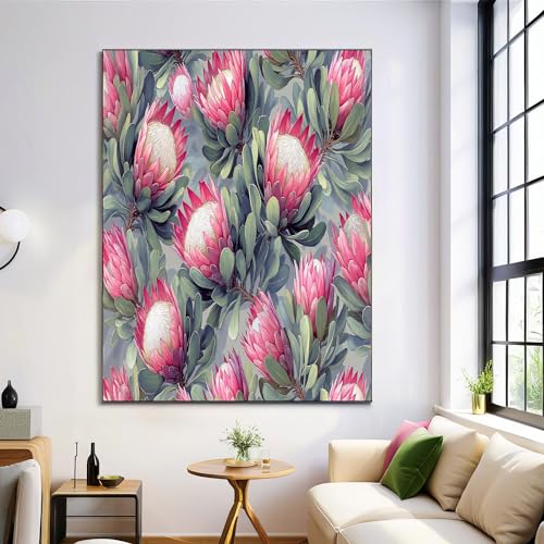 Image of WIVCOMD King Protea Branches And Leaves Large Canvas Wall Art Painting Pale Green Frameless Canvas Pictures Wall Art for Living Room Home Office Restaurant Decor, 30x40cm