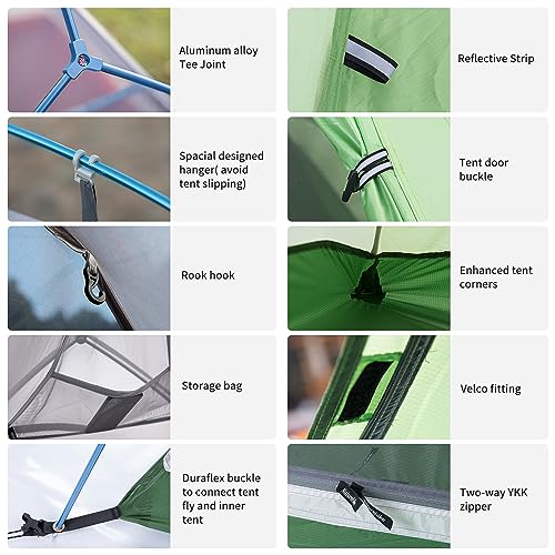 Naturehike Cloud-Up 2 Campingzelt 2 Personen 3-4 Saison Leichtes Rucksack Zelt Wandernde Zelt (Grün 210T Upgrade)