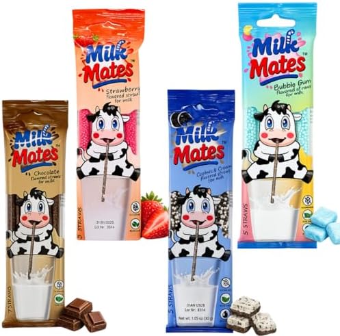 20 Milky Sip Flavored Straws for Milk - 4 Packs of Milk Flavoring Straws, 5 Each Chocolate, Strawberry, Cookies & Cream, and Bubble Gum. Magical Flavor Makes Children Eager and Love to Drink Milk
