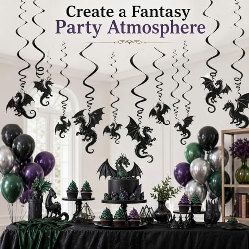 Image of Sumind 30 Pcs Dragon Hanging Swirls Party Decorations, Black Dragon Ceiling Hanging Decor for Medieval Fantasy Themed Birthday Party Supplies, 10 Designs