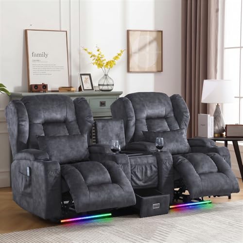 Image of DRMBOOK Power Recliner Chair, Electric Wall Hugger Reclining Sofa with Massage & Heat, Overstuffed Movie Theater Seating with LED /USB Port /Cup Holders for Living Room (Velvet Grey, 2 Chairs)