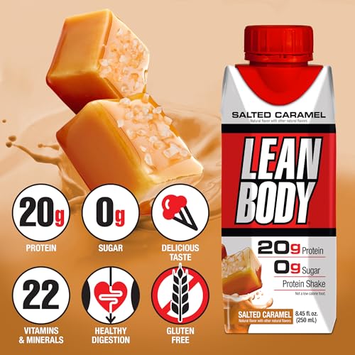 Image of Lean Body Ready-to-Drink Salted Caramel Protein Shake, 20g Protein, Whey Blend, 0 Sugar, Gluten Free, 22 Vitamins & Minerals, (Recyclable Carton & Lid - Pack of 4)