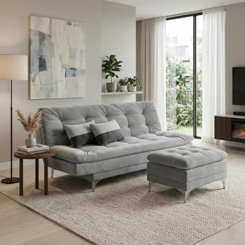 Image of FURNY Supersoft 3 Seater Fabric Sofa Cum Bed with Ottoman (Light Grey) Premium Velvet Finish with Extra 2 Cushions, Ideal for Living Rooms, Bedrooms, Offices