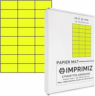 600 etiquetas adhesivas de color amarillo neón de 70 x 37 mm, 24 etiquetas/hoja - 25 hojas de papel A4 adhesivo de color - para impresión láser y inyección de tinta