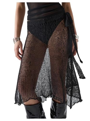 MakeMeChic Women's A Line Midi Skirt Tie Side Mesh Sheer Asymmetrical Skirts Club Wear