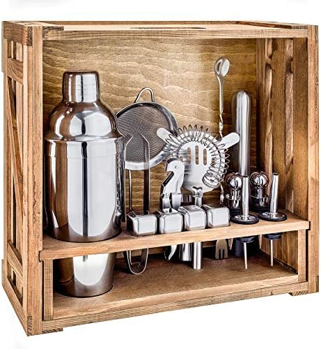 18 Piece Cocktail Shaker Set with Rustic Pine Stand, Gifts for Men Dad Grandpa,Stainless Steel Bartender Kit Bar Tools Set, Home, Bars, Parties and Traveling (Silver)