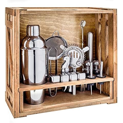 18 Piece Cocktail Shaker Set with Rustic Pine Stand, Gifts for Men Dad Grandpa,Stainless Steel Bartender Kit Bar Tools Set, Home, Bars, Parties and Traveling (Silver) Cover