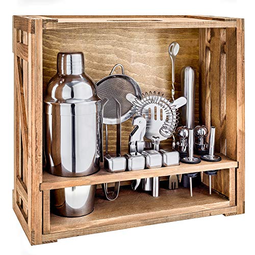 18 Piece Cocktail Shaker Set with Rustic Pine Stand,Gifts for Men Dad Grandpa,Stainless Steel Bartender Kit Bar Tools Set for Christmas Gift,Home, Bars, Parties and Traveling (Silver)