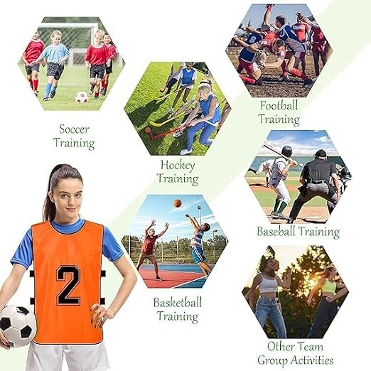 24 Pcs Scrimmage Training Vest - Soccer, Basketball, Football Bibs/Pinnies, Reversible Numbered Team Sports Pinnies Jerseys (Blue & Orange)