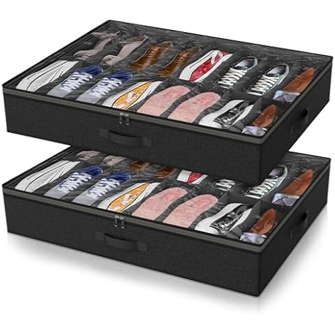 2 Pack Under Bed Shoe Storage Organizer for Closet, Fits Total 32 Pairs Foldable Underbed Shoes Containers Boxes Under the Bed Storage Bedding with Sturdy Handles&Clear Window for College Dorms, Black Cover