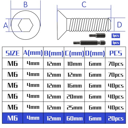 20 Stk senkkopfschrauben edelstahl M6x60mm Innensechskant M6 edelstahlschrauben Senkkopf Schrauben Steckdose Gewindeschrauben Senkschraube mit 2 Stk Sechskant Schrauberkopf DIN 7991/ISO 10642(Silber)