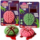 MIJOMA XL Halloween Marshmallow Gehirne 2er Set mit blutigem Candygel 2x80g rosa & grün Erdbeergeschmack gruselige Süßigkeit für Halloween Party Deko Süßes oder Saures