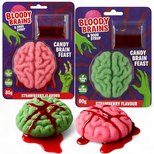 MIJOMA XL Halloween Marshmallow Gehirne 2er Set mit blutigem Candygel 2x80g rosa & grün Erdbeergeschmack gruselige Süßigkeit für Halloween Party Deko Süßes oder Saures