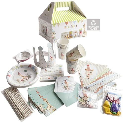 Sophie la girafe My Birthday with Sophie|Kids Birthday Decorations Party Supplies For 12 | Plates, Cups, Napkins, Utensils, Invitations, Banner, Balloons, Cake/Cupcake Toppers, Crown | 110 Piece Kit