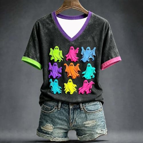 Halloween Shirts for Women Leopard Boo Ghost Short Sleeve V Neck Tshirt - image 2