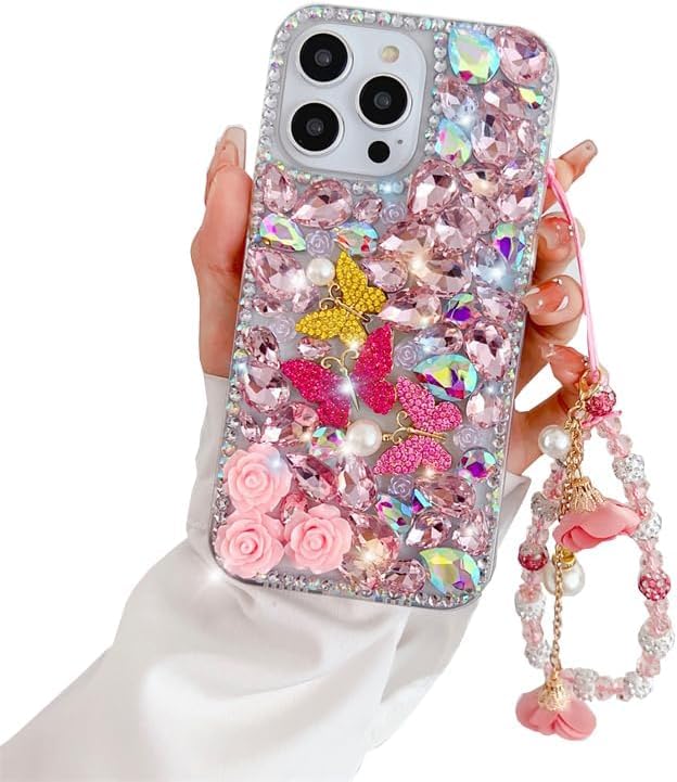 AQZBIAIOU for Samsung Galaxy S25 Edge Bling Sparkle Case with Wristband Bracelet,3D Glitter Butterfly Flower Diamond Rhinestone Pearl Women Girls Phone Case for Samsung Galaxy S25 Edge,Pink