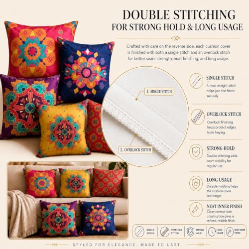 Image of Decorative Satin Sofa Cushion Covers Set of 5, 16 x 16 Inches, Multicolor Floral Printed Pillow Covers for Living Room, Bedroom, Couch & Sofa, Soft Glossy Fabric, Zipper Closure