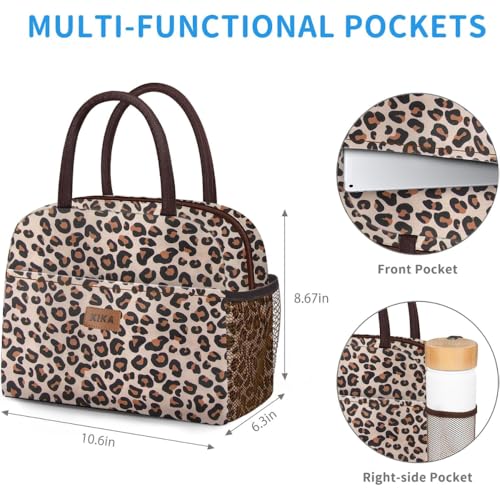 Image of KIKA Insulated Tiffin Bag for Office Women & Girls, Leopard Print Lunch Food Carrier, Hot & Cold, Bottle & Front Pockets