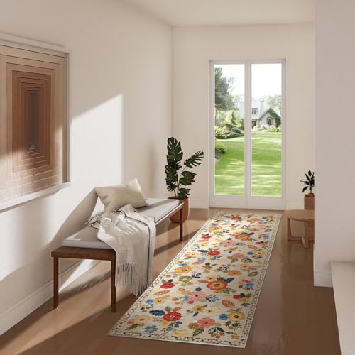 Machine Washable Runner Rug for Hallway: 2'6"x8' Kitchen Runners Rug with Rubber Backing Non Slip Stain Resistant Floral Floor Rug Soft Carpet Runners for Indoor Entryway Bedroom Bedside Living Room