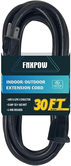 30 FT Outdoor Extension Cord - 16/3 SJTW Durable Black Electrical Cable with 3 Prong Grounded Plug, UL Listed