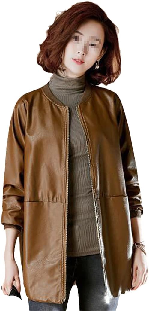 KEHAIOO O-Neck Spring Woman's Pu Leather Jackets, Long Sleeve Casual Faux Leather Coats, Female Basic Jacket with Pockets