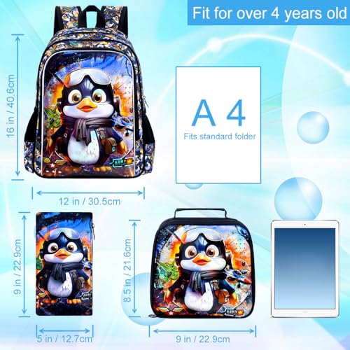 Image of 16 inch Backpack for Boys, 3Pcs Kids Bookbag with Lunch Box, Penguin School Backpacks for Elementary Preschool Kindergarten (Black)