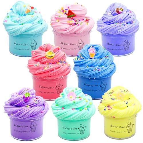 Butter Fruit Slime Kit for Girls 8 Pack, Stretchy and Non-Sticky, Party Favors DIY Scent Slime,Stress Relief Sludge Toy for Boys and Girls