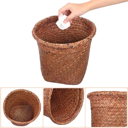Image of Cabilock Straw Woven Wastebasket 10.43 Inch Round Open Top Wicker Trash can Storage Bin for Bathroom Office Home Organization