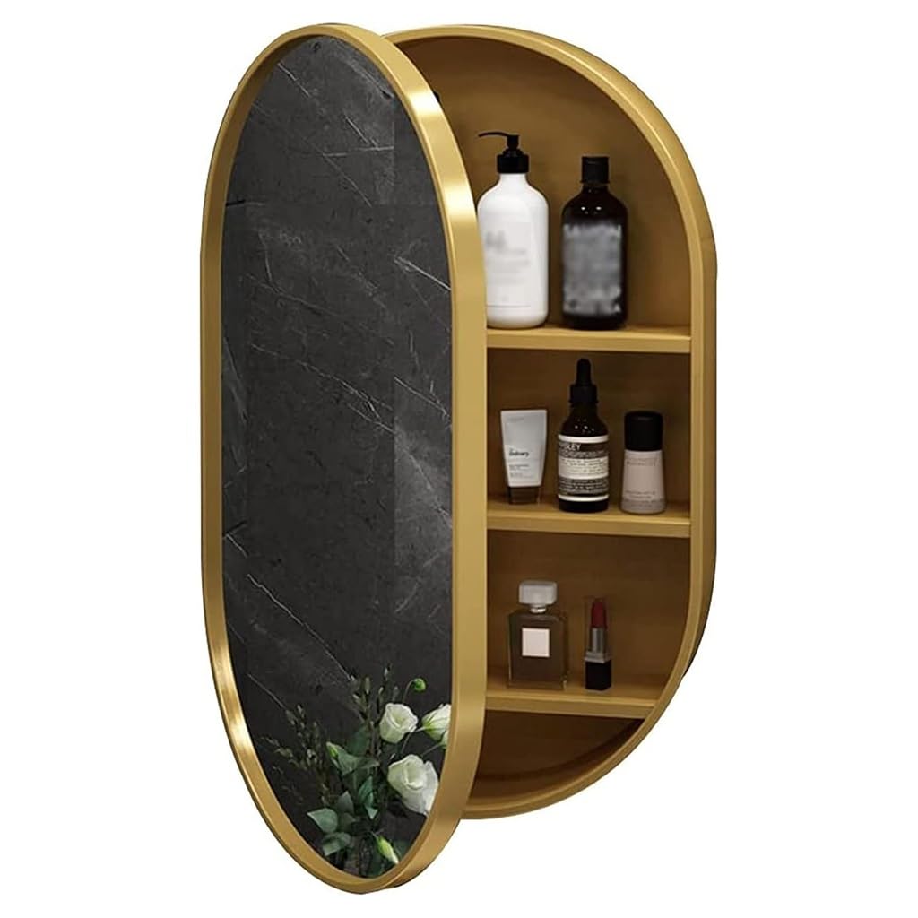 Espejo De Baño Ovalado Armario con Espejo De Pared para Baño Armario De Almacenaje con 3 Estantes Y Bisagras Amortiguadoras para Dormitorio, Salón Y Aseo(Gold,40 * 70cm)