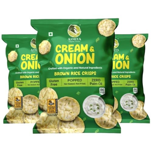 Image of Asmita Organic Farms Brown Rice Popped Crisps | Not Baked, Not Fried | Healthy Snacks with Foxtail Millet | Cream & Onion Flavor | Low-Fat, High-Fiber, Low-Calorie | Pack of 3 (55g Each)