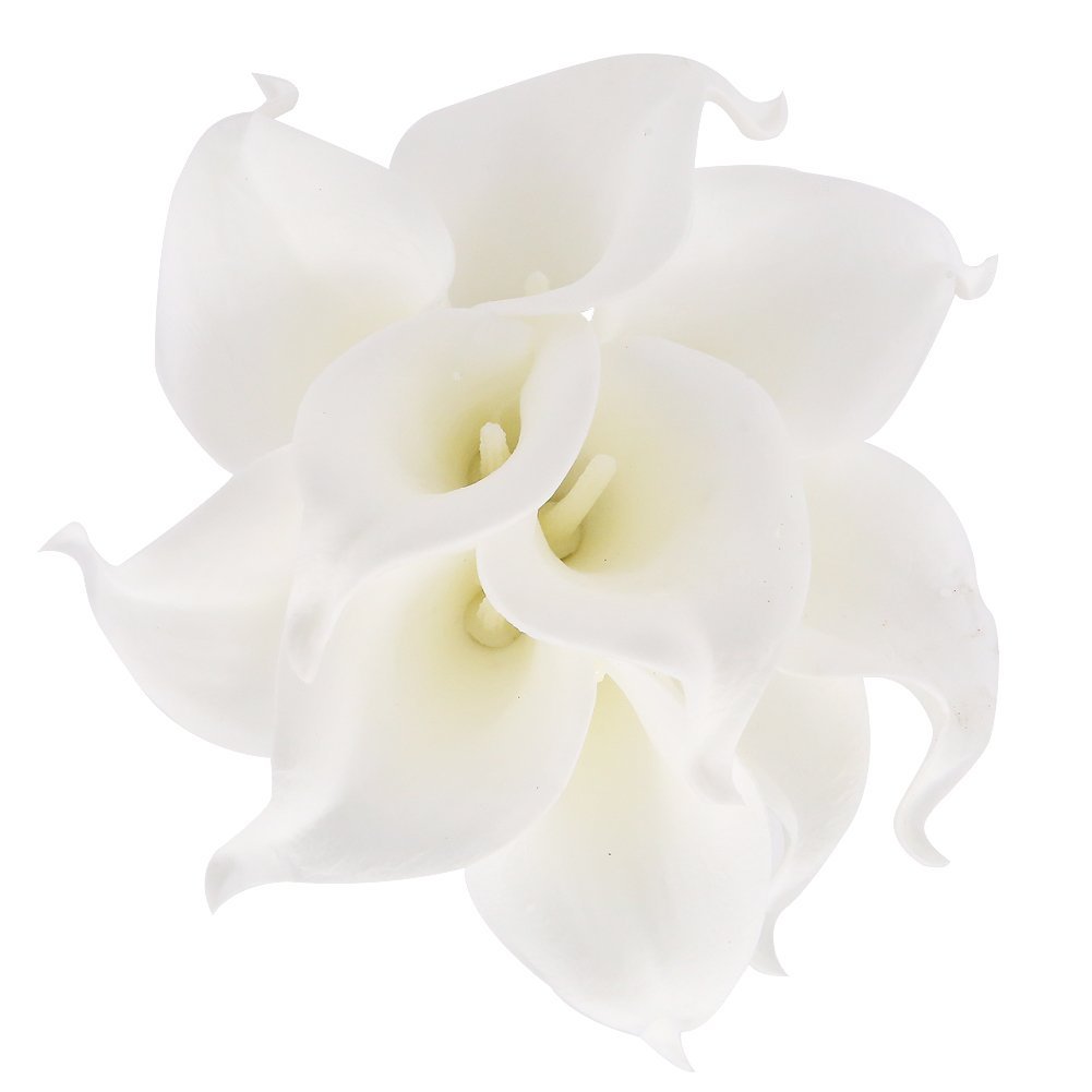 Latex Real Touch Artificial Calla Lily Flower Bouquet Wedding Party Home Garden Restaurant Decoration - Bunch of 10 (Pure White)