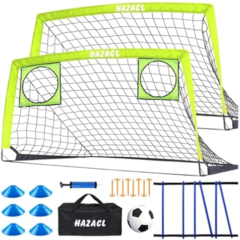 Hazacl Kids Soccer Goal for Backyard, 6x4 9x5 FT Portable Soccer Nets Pop Up with Ball, Agility Ladder, Cones, Target & Carry Bag for Toddler Youth Outdoor Indoor Training Practice Sports Games Play Cover