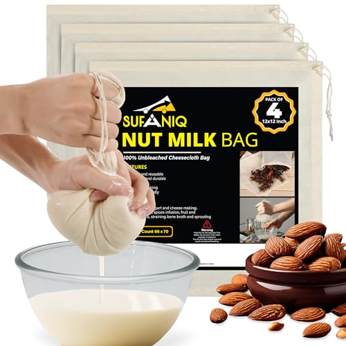 Image of SUFANIQ Nut Milk Bag - 4 Bags (12 x 12 Inch) 100% Unbleached Cotton Cheese Cloth Bag for Straining, Premium Nut Milk Bag Reusable, Nut Bag Strainer for Almond, Soy, Oat Milk, Juices, Cheese Making