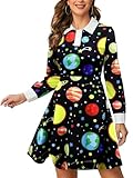 PHIXWORLD Womens Long Sleeves Peter Pan Collar Planet Print Miss Frizzle Party Science Dress Costume Black L