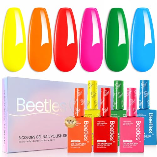 Image of Beetles Neon Gel Nail Polish Set, 6 Colors Hema-Free Neon Rainbow Hot Pink Red Yellow Orange Summer Gel Nail Polish Set, 15ML Soak off UV Lamp Bright Rainbow Summer Nails Art Salon Colorful Bottle