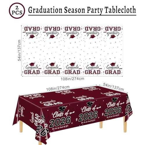 Image of Oigco 2 Pack Maroon Graduation Tablecloths, Graduation Decorations Class of 2026, Congrats Grad Plastic Table Cloths for Graduation Party Decorations, 54 x 108 Inch