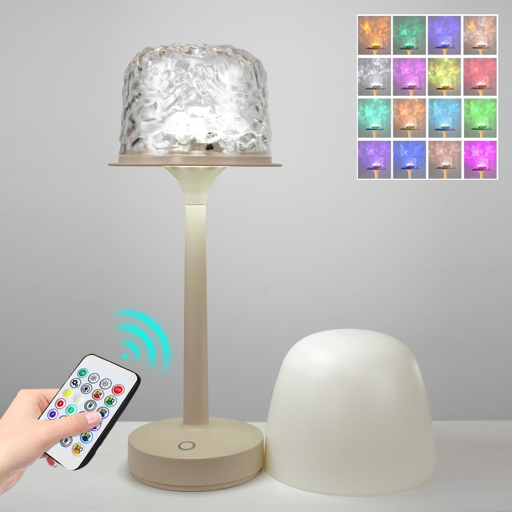 SKIKHN Shower Lamp, Waterproof Shower Lamp with 16 Color Ocean Wave Projector, Bathroom Lamp with Remote & Touch Control, Cordless Rechargeable Table Lamp for Bathtub Shower Bathroom
