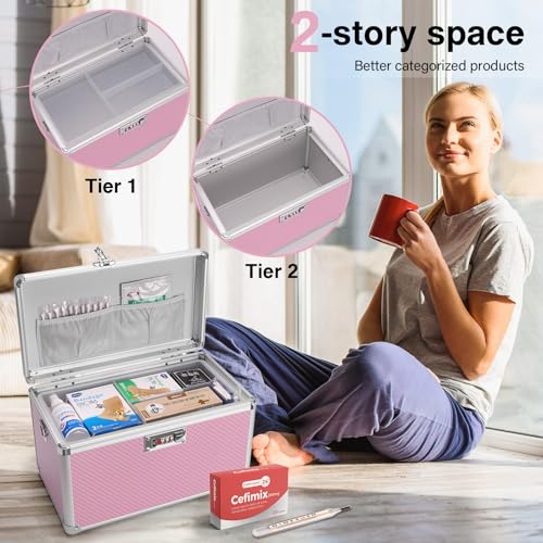 Image of Medicine Lock Box with Combination Lock - 15 x 8.7 x 9.4 Inches - First Aid Safe Medication Storage Box, Personal Items Safe Case for Home and Outdoor - Pink