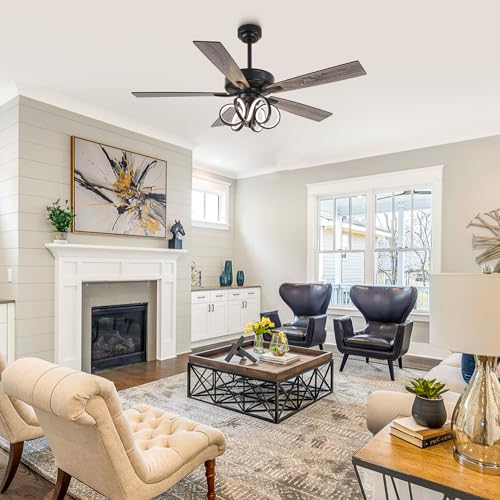 Image of 52 Inch Black Ceiling Fans with Lights and Remote - Creative Modern Ceiling Fan for Bedroom Living Room with 3CCT, 6 Speeds, Timer, Dual-Sided Reversible 5 Blades Indoor Outdoor Chandelier Fan