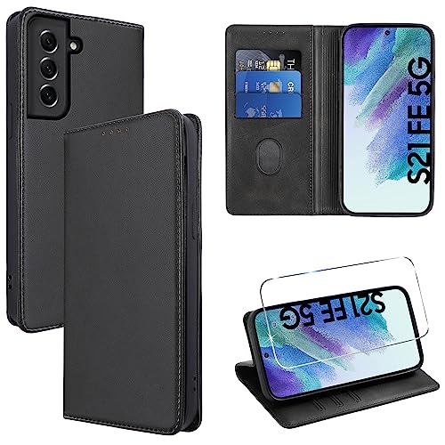 Vauki Funda Cuero para Samsung Galaxy S21 FE 5G con 1 Cristal Templado Carcasa PU Tipo Cartera Soporte Tarjetas Case Ranuras Soporte Plegable Tapa Libro Movil Flip Caso para Samsung S21 FE 6.4',Negro