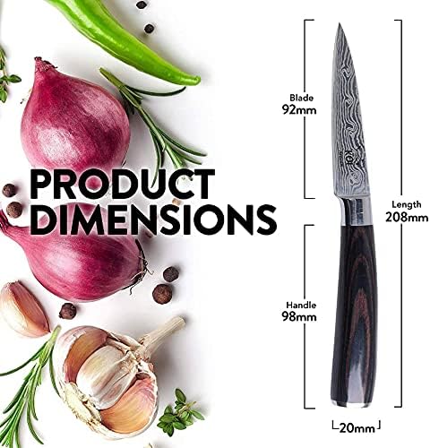 KOI ARTISAN Damascus Style Paring Knife - 3.5 Inch Razor Sharp Edge  Chef Knife High Carbon Stainless Super Steel  Moisture Resistant Pakka Wood Handle Kitchen Knives