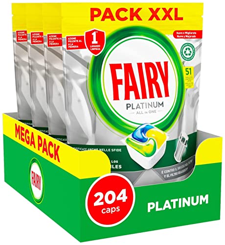 Fairy Platinum - Detergente en pastillas para lavavajillas, abrillantador, 204 cápsulas para lavavajillas, limón, con sistema de prelavado integrado, eficaz en los desafíos difíciles contra la