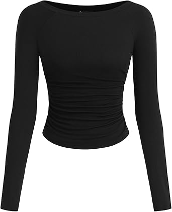 PRETTYGARDEN Long Sleeve Shirts for Women 2025 Fall Ruched Sides Boat Neck Basic Tee Casual Fitted Ribbed Knit Crop Tops