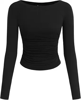PRETTYGARDEN Long Sleeve Shirts for Women 2025 Fall Ruched Sides Boat Neck Basic Tee Casual Fitted Ribbed Knit Crop Tops