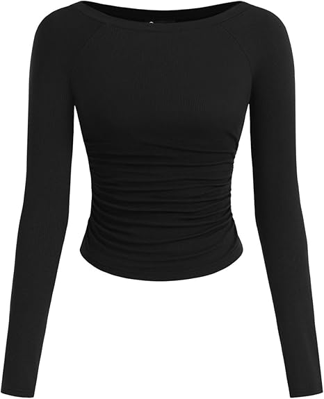 PRETTYGARDEN Long Sleeve Shirts for Women 2025 Fall Ruched Sides Boat Neck Basic Tee Casual Fitted Ribbed Knit Crop Tops