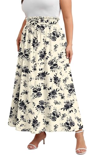 Xpenyo Womens Plus Size Maxi Skirts Summer Elastic High Waisted Boho Casual Beach Flowy Swing Long Skirts with Pockets