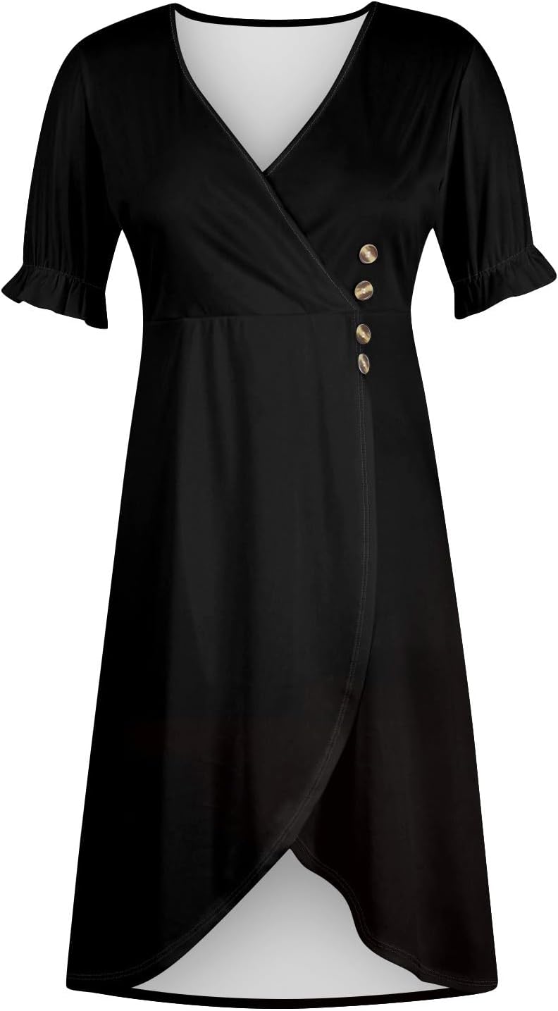 BAXLIMEK Midi Dresses for Women,2025 Spring Summer Elegant Trendy V Nek Ruffle Short Sleeve Beach Dress,Dressy Casual Ruched Button Down Irregular Hem Boho Dress Resort Wear(C-Black,M)