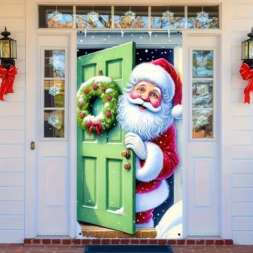 Image of BlissYard Holiday Door Cover Santa Pine Greenery 35x71 Inch Polyester