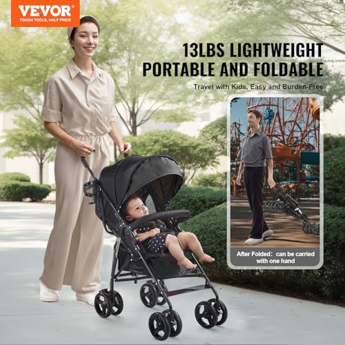 Image of VEVOR Lightweight Stroller, Compact Easy Fold Multiposition Recline Canopy Backrest, Carbon Steel Frame, Large Storage Basket,Cup Holder, Umbrella Toddler Baby Stroller for Travel and More, Black