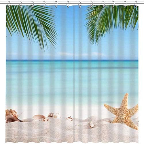 MEHOFOND Summer Beach Shower Curtain Seashell Starfish Sand Palm Leaves Blue Sky Beach Shower Curtain Waterproof Polyester Fabric Shower Curtain Set with Hooks Bathroom Decoration 72"x72"